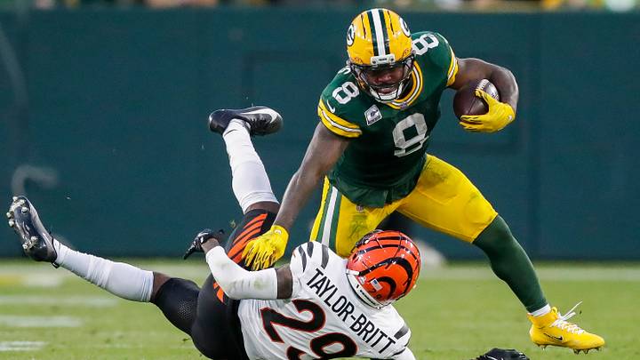 Green Bay Packers running back Josh Jacobs (8) stiff-arms Cincinnati Bengals cornerback Cam Taylor-Britt (29) on Sunday, October 12, 2025, at Lambeau Field in Green Bay, Wis. The Packers won the game, 27-18.
Tork Mason/USA TODAY NETWORK-Wisconsin Green Bay Packers running back Josh Jacobs (8) stiff-arms Cincinnati Bengals cornerback Cam Taylor-Britt (29) on Sunday, October 12, 2025, at Lambeau Field in Green Bay, Wis. The Packers won the game, 27-18.
Tork Mason/USA TODAY NETWORK-Wisconsin