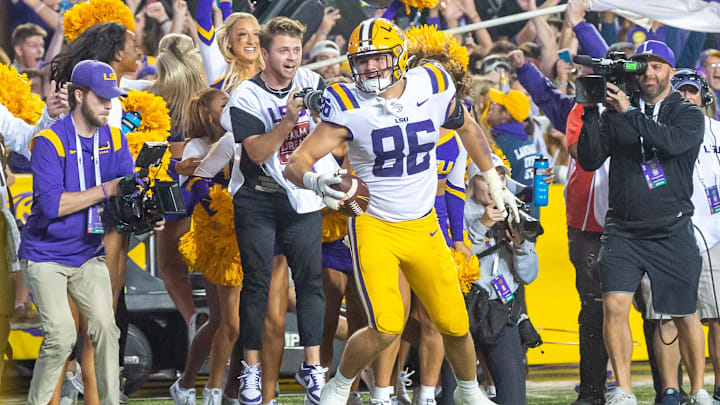 LSU tight end Mason Taylor celebrates after scoring the game-winning two point conversion in overtime against Alabama at Tiger Stadium.

2022-11-06-lsu-mason-taylor