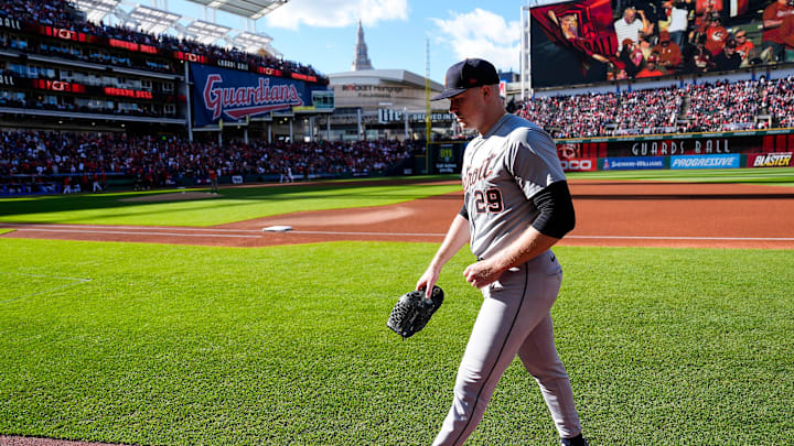 Detroit Tigers pitcher Tarik Skubal (29) walks back towards the dugout before Game 2 of ALDS against Cleveland Guardians at Progressive Field in Cleveland, Ohio on Monday, Oct. 7, 2024.