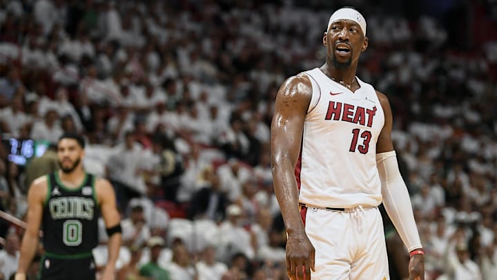 Heat center Bam Adebayo looks for a foul call during the first quarter against the Celtics in Game 4 of their first-round playoff series.