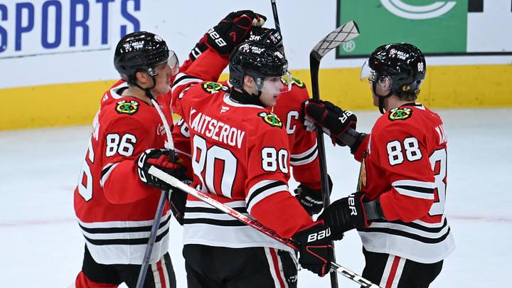 Oct 27, 2026; Chicago, Illinois, USA;  Chicago Blackhawks right wing Roman Kantserov (80) celebrates with teammates after he scores a goal against the Los Angeles Kings during the second period at United Center.  Mandatory Credit: Matt Marton-Imagn Images