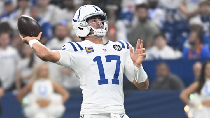 Sep 14, 2025; Indianapolis, Indiana, USA; Indianapolis Colts quarterback Daniel Jones (17) passes the ball during the first quarter against the Denver Broncos at Lucas Oil Stadium. Mandatory Credit: Robert Goddin-Imagn Images Sep 14, 2025; Indianapolis, Indiana, USA; Indianapolis Colts quarterback Daniel Jones (17) passes the ball during the first quarter against the Denver Broncos at Lucas Oil Stadium. Mandatory Credit: Robert Goddin-Imagn Images