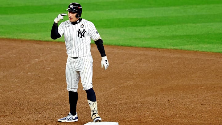 Oct 30, 2024; Bronx, New York, USA; New York Yankees shortstop Anthony Volpe (11) celebrates after hitting a double during the second inning against the Los Angeles Dodgers during game five of the 2024 MLB World Series at Yankee Stadium. Oct 30, 2024; Bronx, New York, USA; New York Yankees shortstop Anthony Volpe (11) celebrates after hitting a double during the second inning against the Los Angeles Dodgers during game five of the 2024 MLB World Series at Yankee Stadium.