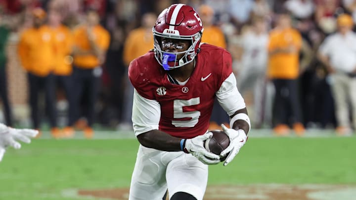 Oct 18, 2025; Tuscaloosa, Alabama, USA; Alabama Crimson Tide wide receiver Germie Bernard (5) runs with the ball in the third quarter against the Tennessee Volunteers at Saban Field at Bryant-Denny Stadium. Oct 18, 2025; Tuscaloosa, Alabama, USA; Alabama Crimson Tide wide receiver Germie Bernard (5) runs with the ball in the third quarter against the Tennessee Volunteers at Saban Field at Bryant-Denny Stadium.