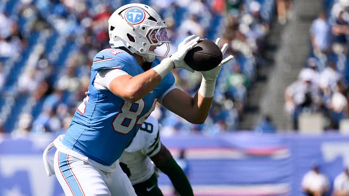Sep 13, 2026; Nashville, Tennessee, USA; Tennessee Titans tight end Gunnar Helm (84) makes a catch against the New York Jets during the second half at Nissan Stadium. Mandatory Credit: Steve Roberts-Imagn Images Sep 13, 2026; Nashville, Tennessee, USA; Tennessee Titans tight end Gunnar Helm (84) makes a catch against the New York Jets during the second half at Nissan Stadium. Mandatory Credit: Steve Roberts-Imagn Images