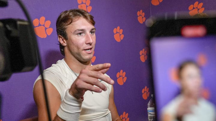 Clemson quarterback Cade Klubnik (2) talks with media after the game at Memorial Stadium Saturday, September 6, 2025 in Clemson, S.C.