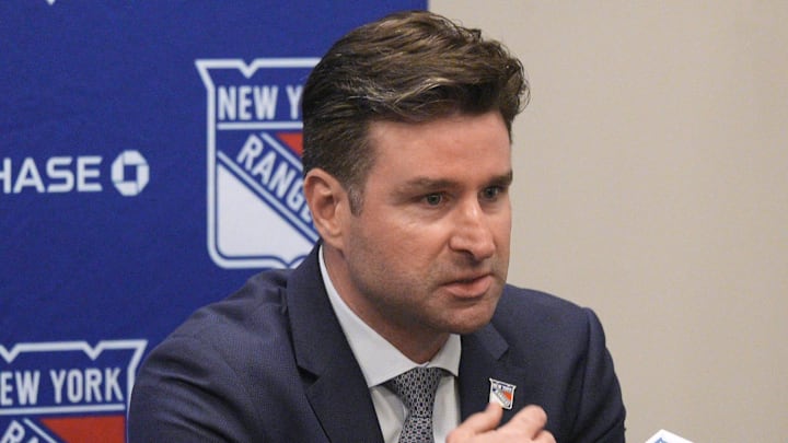May 8, 2025; Tarrytown, NY, USA;  New York Rangers president and general manager Chris Drury speaks during a press conference to introduce new head coach Mike Sullivan at the MSG Training Center in Tarrytown, New York May 8, 2025. Mandatory Credit: Peter Carr/USA TODAY NETWORK via Imagn Images