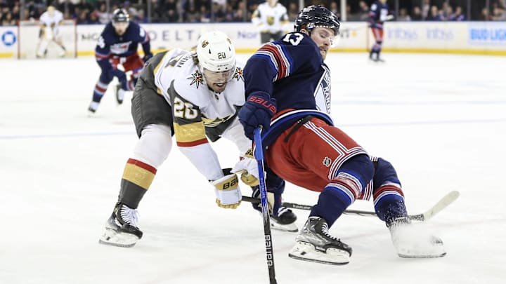 Jan 26, 2024; New York, New York, USA; Vegas Golden Knights center Chandler Stephenson (20) collides
