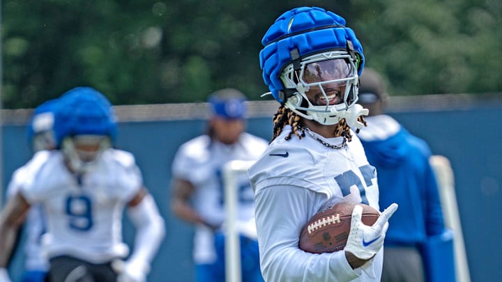 Colts Running Back Trey Sermon (27) is all smiles during Indianapolis Colts minicamp practice Tuesday, June 4, 2024 at the Indiana Farm Bureau Football Center.