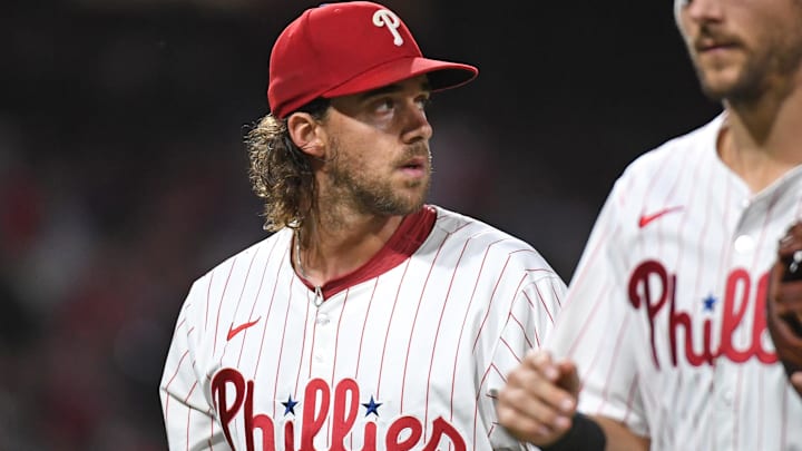Philadelphia Phillies pitcher Aaron Nola (27) walks off the field after the fifth inning against the Chicago Cubs at Citizens Bank Park.