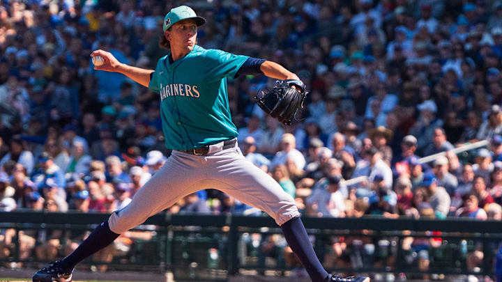 Seattle Mariners pitcher Logan Gilbert throws during a spring training game against the Chicago Cubs on March 8 at Sloan Park.