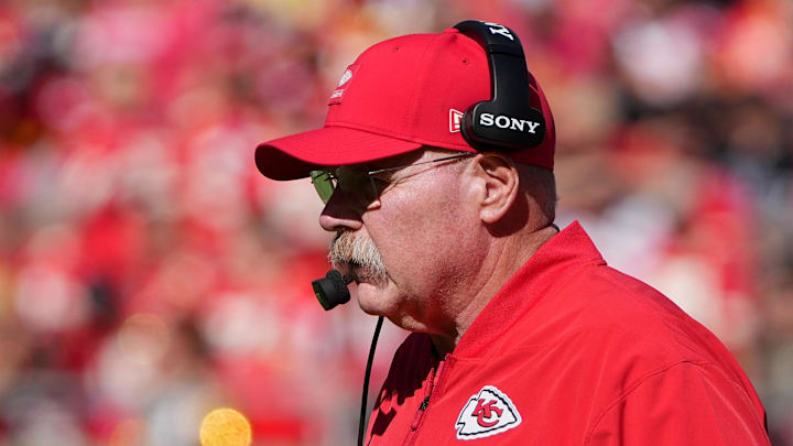 Oct 19, 2025; Kansas City, Missouri, USA; Kansas City Chiefs head coach Andy Reid looks on during the third quarter of the game against the Las Vegas Raiders at GEHA Field at Arrowhead Stadium. Mandatory Credit: Denny Medley-Imagn Images