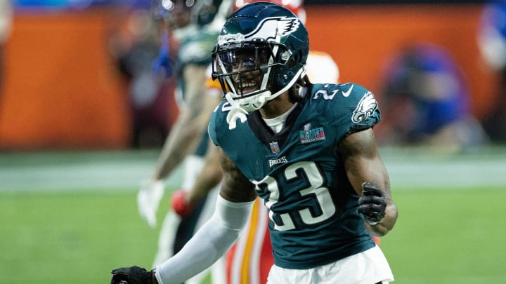 Feb 12, 2023; Glendale, Arizona, US; Philadelphia Eagles safety C.J. Gardner-Johnson (23) reacts against the Kansas City Chiefs in Super Bowl LVII at State Farm Stadium. Mandatory Credit: Bill Streicher-USA TODAY Sports Feb 12, 2023; Glendale, Arizona, US; Philadelphia Eagles safety C.J. Gardner-Johnson (23) reacts against the Kansas City Chiefs in Super Bowl LVII at State Farm Stadium. Mandatory Credit: Bill Streicher-USA TODAY Sports