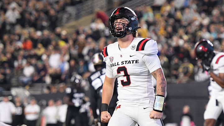 Oct 19, 2024; Nashville, Tennessee, USA; Ball State Cardinals quarterback Kadin Semonza (3) yells to the crowd after his touchdown pass to tight end Tanner Koziol (88) against the Vanderbilt Commodores during the second half at FirstBank Stadium. Mandatory Credit: Steve Roberts-Imagn Images Oct 19, 2024; Nashville, Tennessee, USA; Ball State Cardinals quarterback Kadin Semonza (3) yells to the crowd after his touchdown pass to tight end Tanner Koziol (88) against the Vanderbilt Commodores during the second half at FirstBank Stadium. Mandatory Credit: Steve Roberts-Imagn Images