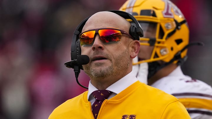 Nov 29, 2024; Madison, Wisconsin, USA; Minnesota Golden Gophers head coach P.J. Fleck during the game against the Wisconsin Badgers at Camp Randall Stadium. Mandatory Credit: Jeff Hanisch-Imagn Images Nov 29, 2024; Madison, Wisconsin, USA; Minnesota Golden Gophers head coach P.J. Fleck during the game against the Wisconsin Badgers at Camp Randall Stadium. Mandatory Credit: Jeff Hanisch-Imagn Images