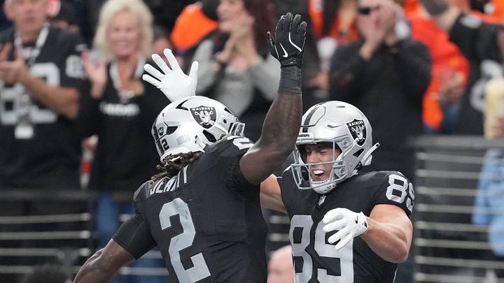 Dec 7, 2025; Paradise, Nevada, USA;  Las Vegas Raiders tight end Brock Bowers (89) reacts with running back Ashton Jeanty (2) after catching a touchdown against the Denver Broncos during the first half at Allegiant Stadium. Mandatory Credit: Kirby Lee-Imagn Images