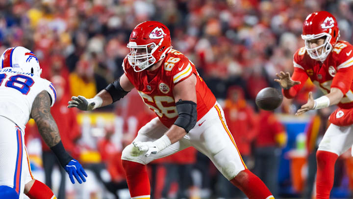 Jan 26, 2025; Kansas City, MO, USA; Kansas City Chiefs guard Mike Caliendo (66) against the Buffalo Bills in the AFC Championship game at GEHA Field at Arrowhead Stadium. Mandatory Credit: Mark J. Rebilas-Imagn Images