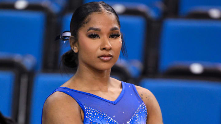 UCLA gymnast Jordan Chiles during warmups before an NCAA gymnastics meet with Penn State at Pauley Pavilion presented by Wesco.