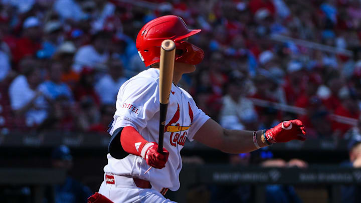 Mar 26, 2026; St. Louis, Missouri, USA; St. Louis Cardinals second baseman JJ Wetherholt (26) hits a solo home run for his first major league hit during his major league debut in the third inning against the Tampa Bay Rays at Busch Stadium. Mandatory Credit: Jeff Curry-Imagn Images Mar 26, 2026; St. Louis, Missouri, USA; St. Louis Cardinals second baseman JJ Wetherholt (26) hits a solo home run for his first major league hit during his major league debut in the third inning against the Tampa Bay Rays at Busch Stadium. Mandatory Credit: Jeff Curry-Imagn Images