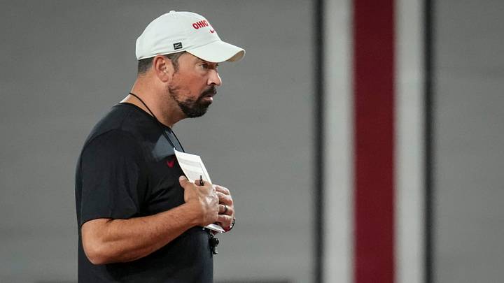 Ohio State Buckeyes head coach Ryan Day watches during football training camp inside the Woody Hayes Athletic Center in Columbus on Aug. 7, 2026. Ohio State Buckeyes head coach Ryan Day watches during football training camp inside the Woody Hayes Athletic Center in Columbus on Aug. 7, 2026.
