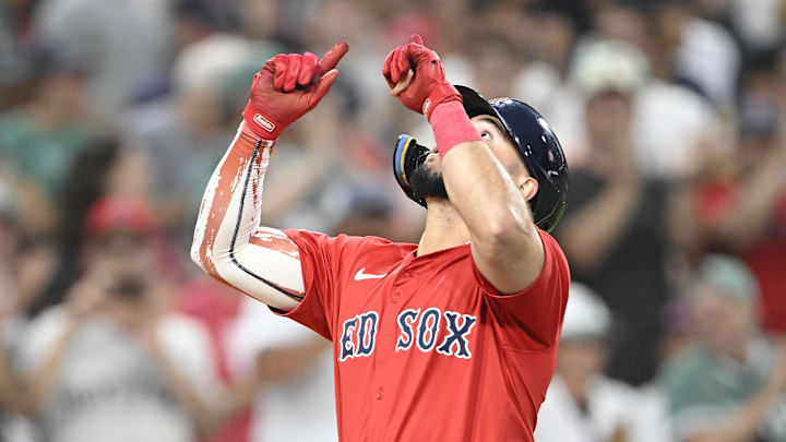 Aug 8, 2025; San Diego, California, USA; Boston Red Sox right fielder Wilyer Abreu (52) looks skyward after hitting a two-run home run during the fourth inning against the San Diego Padres at Petco Park. Mandatory Credit: Denis Poroy-Imagn Images