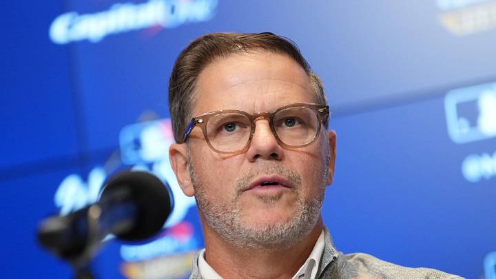 Oct 24, 2025; Toronto, Ontario, CAN; Toronto Blue Jays executive vice president and general manager Ross Atkins speaks to the media before game one of the 2025 MLB World Series against the Los Angeles Dodgers at Rogers Centre. Mandatory Credit: Nick Turchiaro-Imagn Images