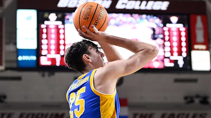 Mar 2, 2024; Chestnut Hill, Massachusetts, USA; Pittsburgh Panthers forward Guillermo Diaz Graham (25) shoots against the Boston College Eagles during the first half at Conte Forum. Mandatory Credit: Eric Canha-Imagn Images