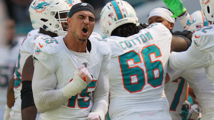Miami Dolphins EDGE Jaelan Phillips celebrates the win over the Jacksonville Jaguars at Hard Rock Stadium. Miami Dolphins EDGE Jaelan Phillips celebrates the win over the Jacksonville Jaguars at Hard Rock Stadium.