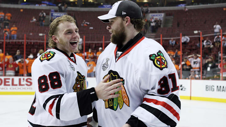 June 9, 2010; Philadelphia, PA, USA; Chicago Blackhawks right wing Patrick Kane (88) and goalie Antti Niemi (31) celebrate after defeating the Philadelphia Flyers 4-3 in game six of the 2010 Stanley Cup Finals at the Wachovia Center. Mandatory Credit: Ed Mulholland-Imagn Images