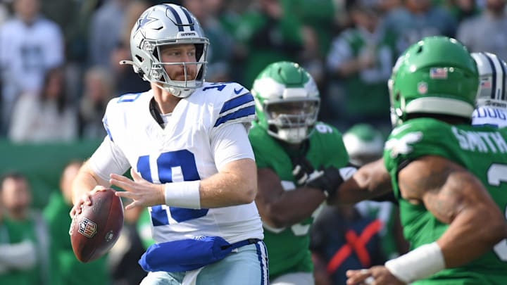 Dec 29, 2024; Philadelphia, Pennsylvania, USA; Dallas Cowboys quarterback Cooper Rush (10) throws a pass against the Philadelphia Eagles during the first quarter at Lincoln Financial Field. Mandatory Credit: Eric Hartline-Imagn Images