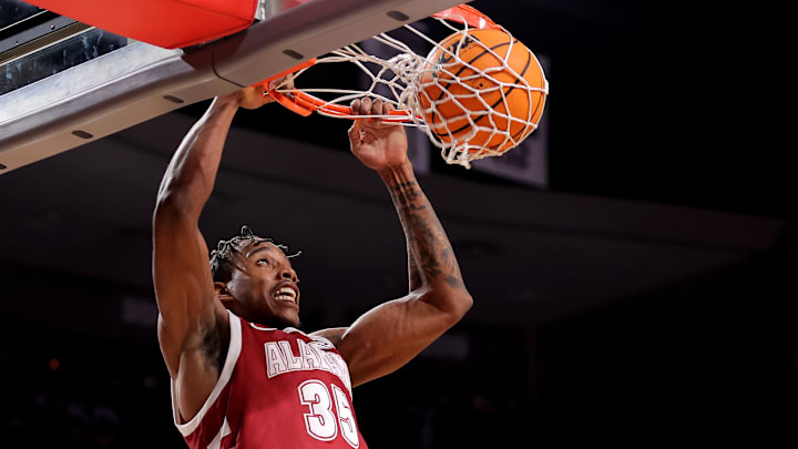 Jan 11, 2025; College Station, Texas, USA; Alabama Crimson Tide forward Derrion Reid (35) dunks against the Texas A&M Aggies during the second half at Reed Arena. Mandatory Credit: Erik Williams-Imagn Images