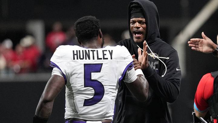 Oct 11, 2026; Atlanta, Georgia, USA;  Baltimore Ravens quarterback Tyler Huntley (5) celebrates with  quarterback Lamar Jackson (8) after a touchdown during overtime against the Atlanta Falcons at Mercedes-Benz Stadium.  Mandatory Credit: Dale Zanine-Imagn Images