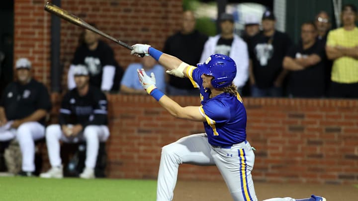 Ethan Holliday hits a three run home run during the Class 6A State Baseball Tournament as Choctaw plays Stillwater on May 9, 2024; Norman, OK, [USA]; at Norman North HS.