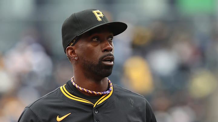 Apr 6, 2025; Pittsburgh, Pennsylvania, USA;  Pittsburgh Pirates right fielder Andrew McCutchen (22) jogs back to the dugout after the fifth inning against the New York Yankees at PNC Park. Mandatory Credit: Charles LeClaire-Imagn Images