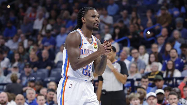Mar 30, 2026; Oklahoma City, Oklahoma, USA; Oklahoma City Thunder guard Cason Wallace (22) reacts after a play against the Detroit Pistons during overtime at Paycom Center. Mandatory Credit: Alonzo Adams-Imagn Images