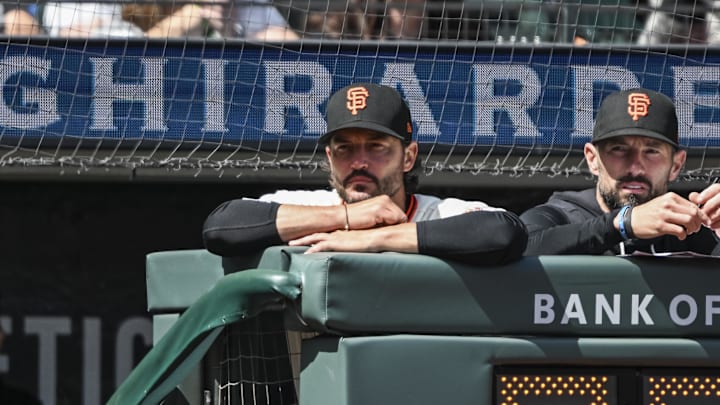 Apr 8, 2026; San Francisco, California, USA; San Francisco Giants Manager Tony Vitello looks on from the dugout in the bottom of the sixth inning against the Philadelphia Phillies at Oracle Park. Mandatory Credit: Justine Willard-Imagn Images