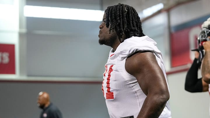 Ohio State Buckeyes defensive lineman Jarquez Carter (91) runs during spring football practice at the Woody Hayes Athletic Center in Columbus on March 19, 2025.