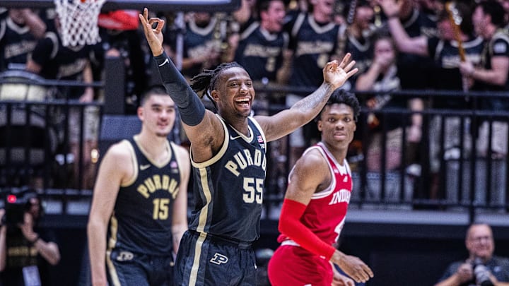 Purdue Boilermakers guard Lance Jones (55) celebrates a made basket