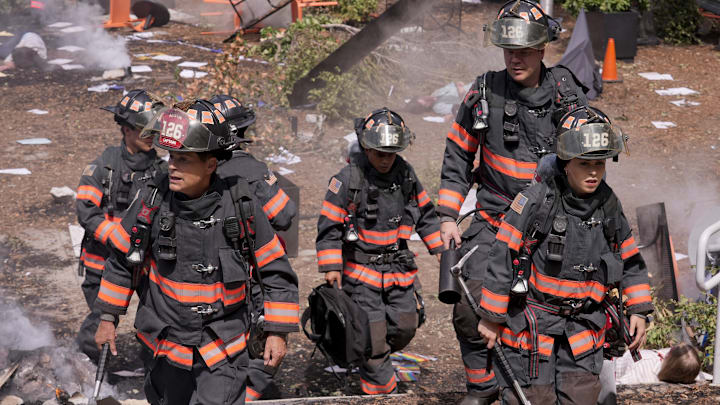9-1-1 LONE STAR: Rob Lowe (L) and Natacha Karam (R) in the series finale series finale “Homecoming” episode of 9-1-1 LONE STAR airing Monday, Feb. 3 (8:00-9:02 PM ET/PT) on FOX. © 2024 Fox Media LLC.CR: Kevin Estrada/FOX.