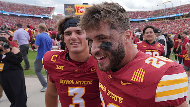 Iowa State Cyclones' quarterback  (3) and running back  (26) celebrate after winning 16-13 over Iowa in the Cy-Hawk football at Jack Trice Stadium on Sept. 6, 2025, in Ames, Iowa
