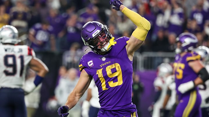Nov 24, 2022; Minneapolis, Minnesota, USA; Minnesota Vikings wide receiver Adam Thielen (19) celebrates his touchdown against the New England Patriots during the fourth quarter at U.S. Bank Stadium. Nov 24, 2022; Minneapolis, Minnesota, USA; Minnesota Vikings wide receiver Adam Thielen (19) celebrates his touchdown against the New England Patriots during the fourth quarter at U.S. Bank Stadium.