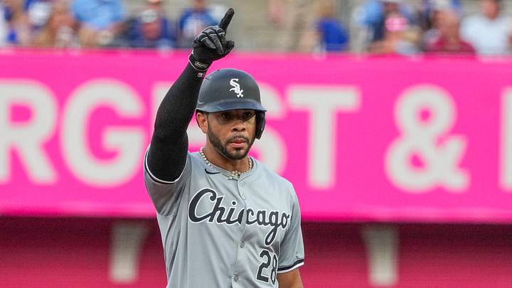 Jul 19, 2024; Kansas City, Missouri, USA; Chicago White Sox right fielder Tommy Pham (28) celebrates after hitting a double against the Kansas City Royals in the first inning at Kauffman Stadium. Mandatory Credit: Denny Medley-USA TODAY Sports