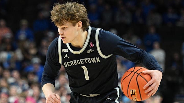 Feb 13, 2024; Omaha, Nebraska, USA; Georgetown Hoyas guard Rowan Brumbaugh (1) dribbles against the Creighton Bluejays in the first half at CHI Health Center Omaha. Feb 13, 2024; Omaha, Nebraska, USA; Georgetown Hoyas guard Rowan Brumbaugh (1) dribbles against the Creighton Bluejays in the first half at CHI Health Center Omaha.