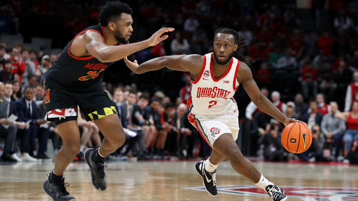 Feb 10, 2024; Columbus, Ohio, USA;  Ohio State Buckeyes guard Bruce Thornton (2) dribbles the ball