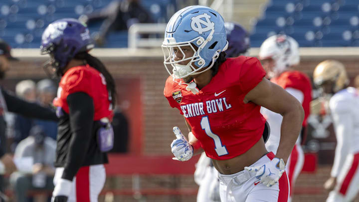 Jan 29, 2026; Mobile, AL, USA; National defensive back Thaddeus Dixon (1) of North Carolina practices during National Senior Bowl practice at Hancock Whitney Stadium. Mandatory Credit: Vasha Hunt-Imagn Images