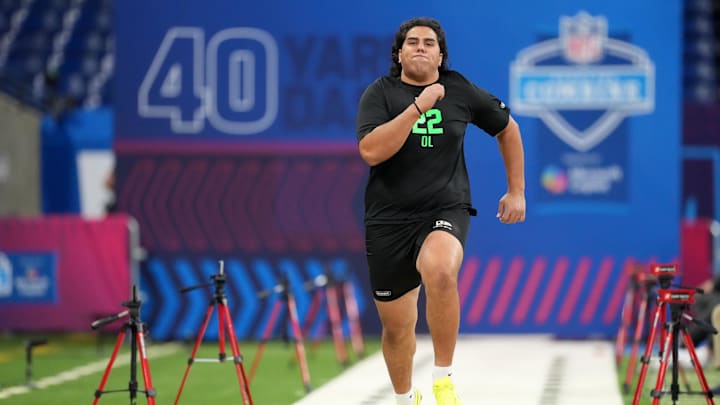 Mar 1, 2026; Indianapolis, IN, USA;  Utah offensive lineman Spencer Fano (OL22) during the NFL Scouting Combine at Lucas Oil Stadium. Mandatory Credit: Kirby Lee-Imagn Images