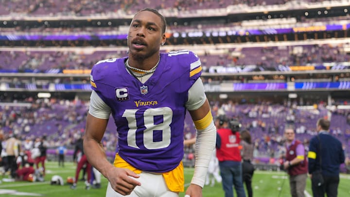 Dec 7, 2025; Minneapolis, Minnesota, USA; Minnesota Vikings wide receiver Justin Jefferson (18) reacts after the game at U.S. Bank Stadium. Mandatory Credit: Brad Rempel-Imagn Images Dec 7, 2025; Minneapolis, Minnesota, USA; Minnesota Vikings wide receiver Justin Jefferson (18) reacts after the game at U.S. Bank Stadium. Mandatory Credit: Brad Rempel-Imagn Images