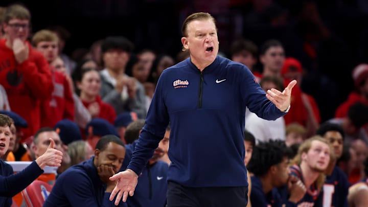 Dec 9, 2025; Columbus, Ohio, USA; Illinois Fighting Illini head coach Brad Underwood reacts to a call during the first half against the Ohio State Buckeyes Value City Arena. Mandatory Credit: Joseph Maiorana-Imagn Images