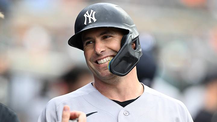 Jun 24, 2026; Detroit, Michigan, USA; New York Yankees first baseman Paul Goldschmidt (48) celebrates in the dugout after hitting a solo home run against the Detroit Tigers in the first inning at Comerica Park. Mandatory Credit: Lon Horwedel-Imagn Images