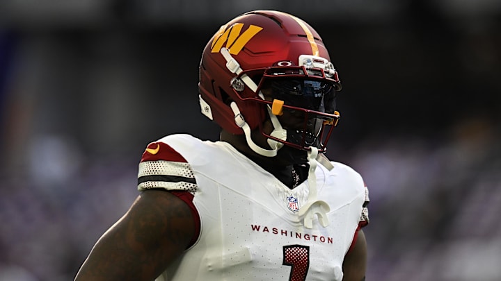 Dec 7, 2025; Minneapolis, Minnesota, USA; Washington Commanders wide receiver Deebo Samuel Sr. (1) practices before the game at U.S. Bank Stadium. Mandatory Credit: Jeffrey Becker-Imagn Images